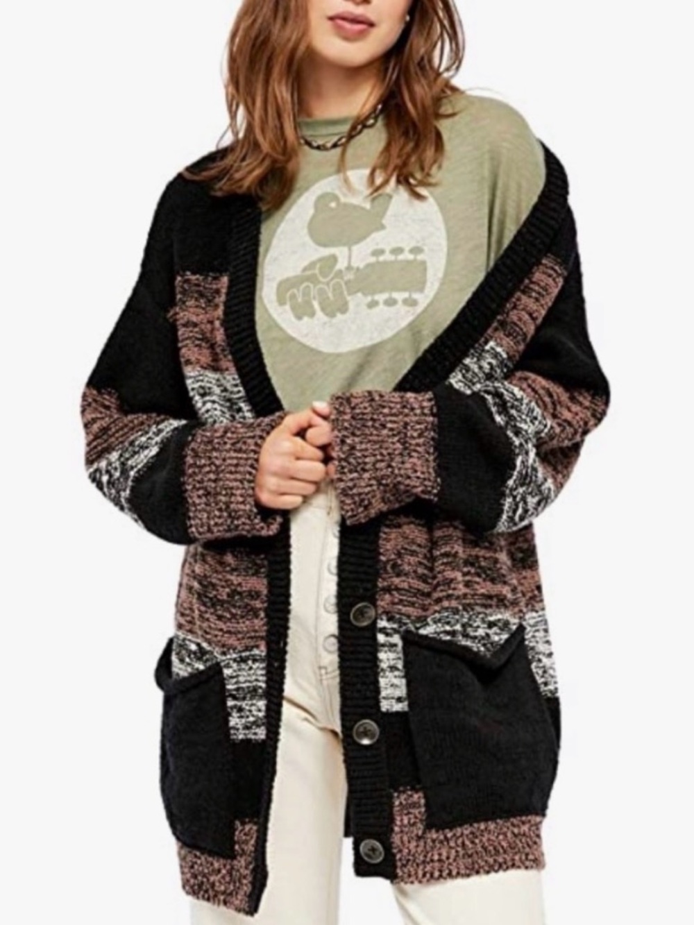 Free People Southport Beach Cardigan Black Mauve Color-Block Striped Oversized